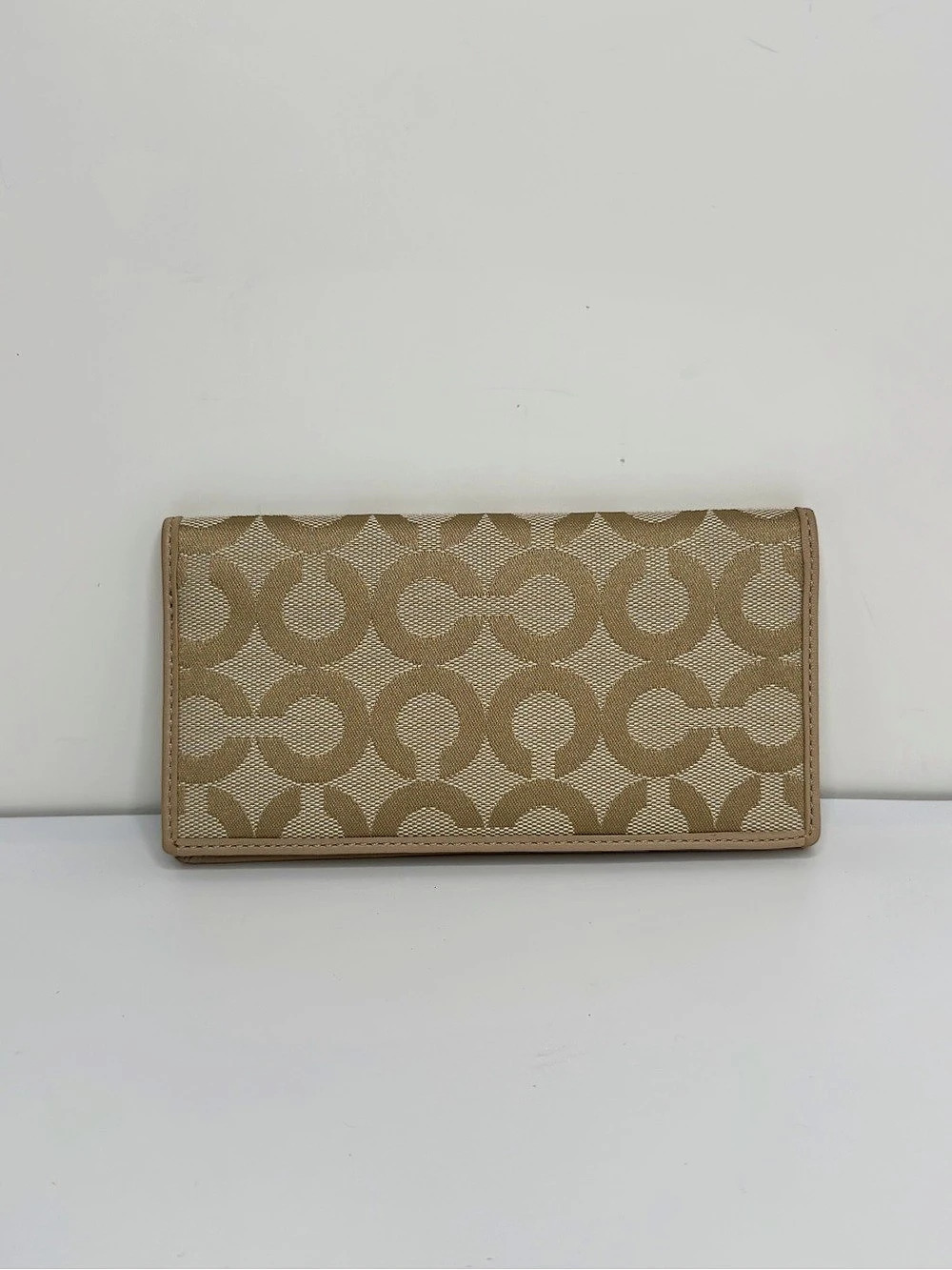 Coach Signature C Jacquard Checkbook Cover Wallet Beige Tan